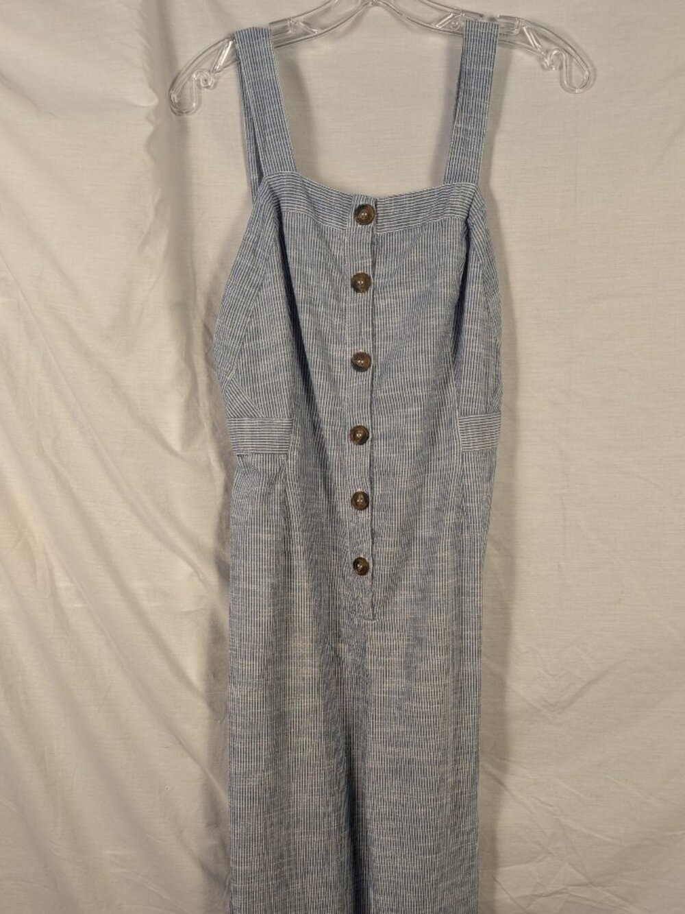 Japna L Blue & White Stripe Cotton Linen Look Wide Leg Jumpsuit Button Front - Picture 2 of 8